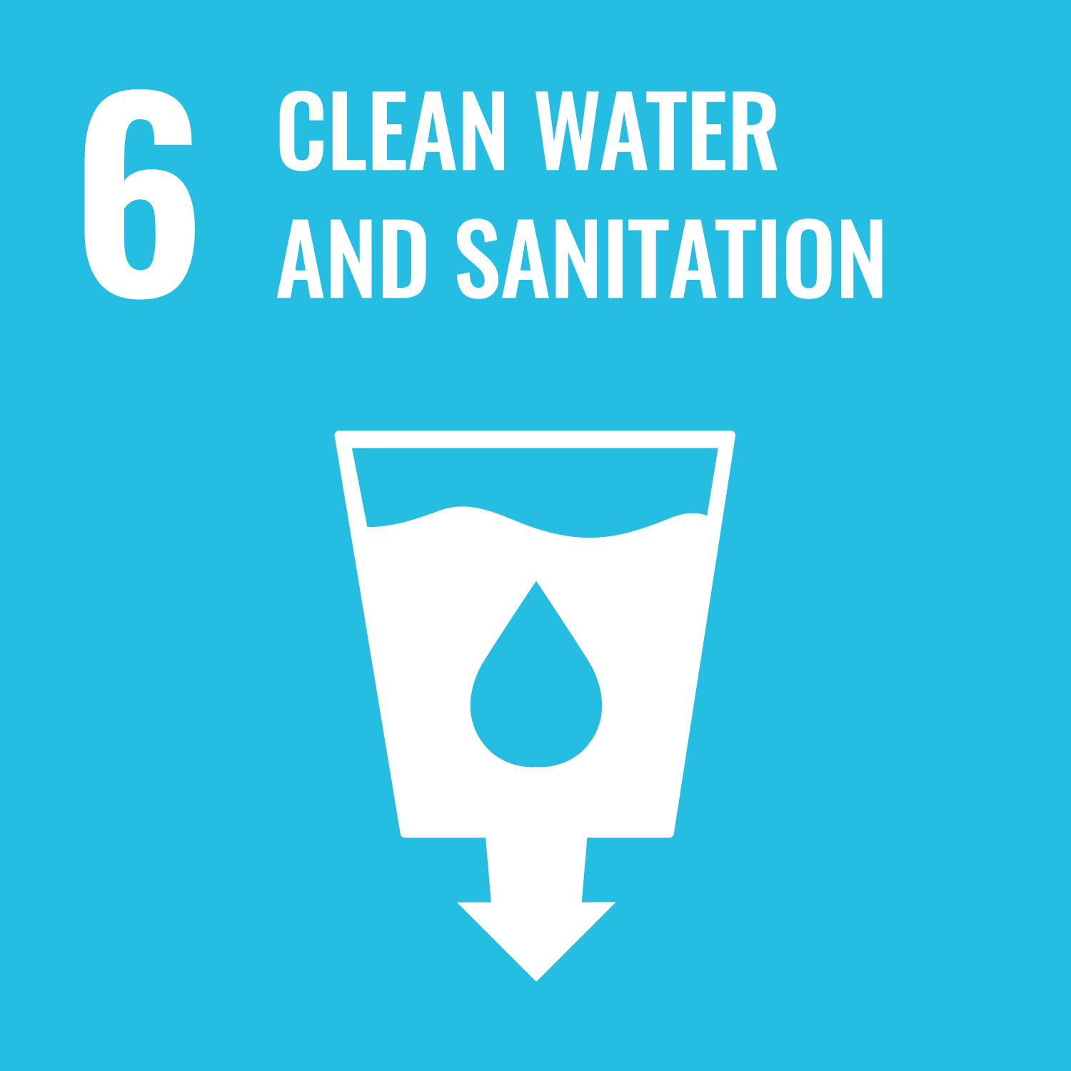 Blue square with white text that says 6: Clean Water and Sanitation